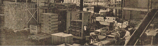 Vintage photo of a bottling facility with equipment and wooden pallets stacked nearby