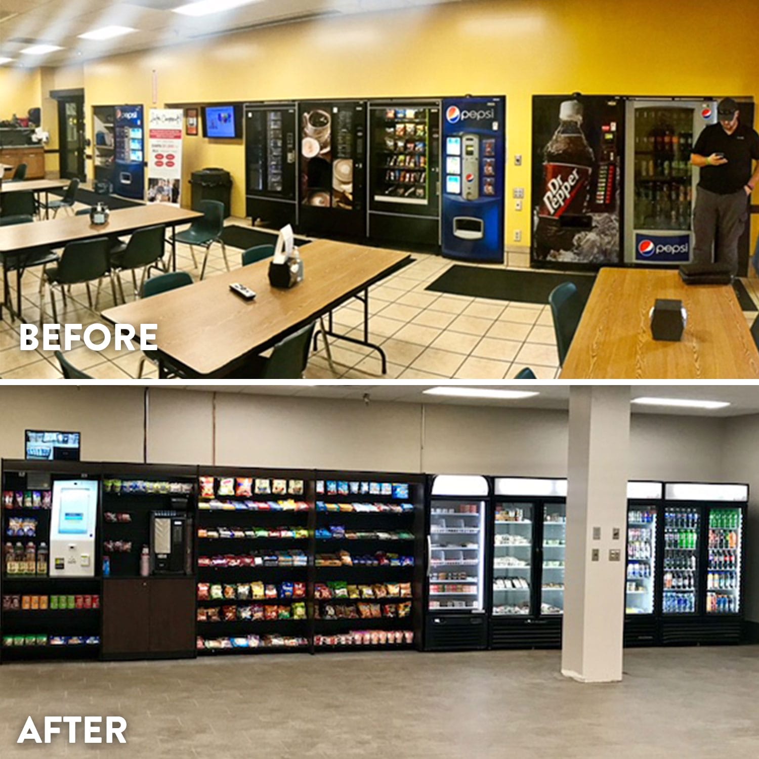 Before and after photo showing a Mahaska redesign of a mini-market vending area