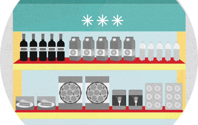 Illustration of two shelves with various drinks and packaged foods