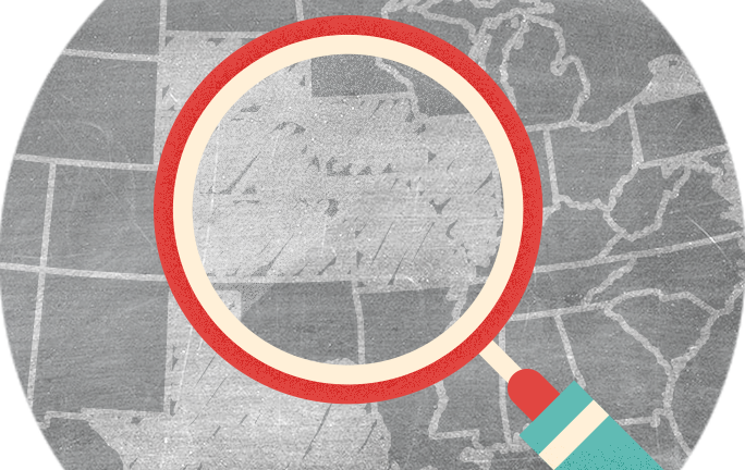 Illustration of a magnifying glass hovering over a map of the Midwest U.S.
