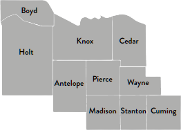Map of counties in northeast Nebraska
