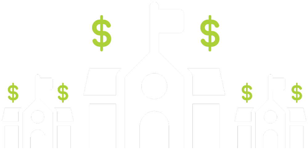 Icon of three schoolhouses with dollar signs floating above